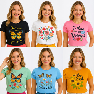 Kit 1 ou 4 Camiseta Feminina T Shirts Algodão Blusa Estampada Kit com 4 ou 1 T-shirt Feminina Sortidas em Oferta na Shopee