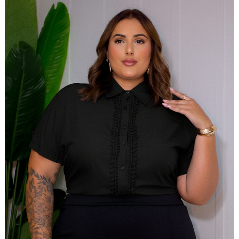 Camisa Blusa Feminina Renda Guipir Plus Size Manga Curta
