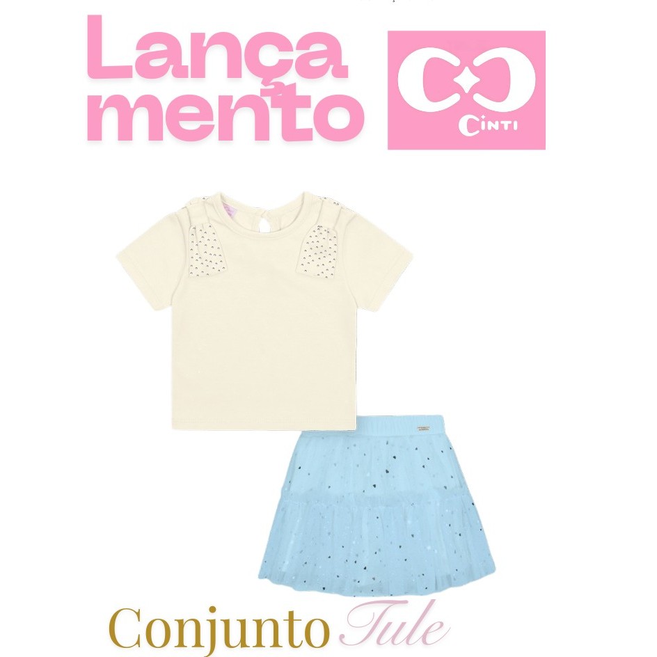 Conjunto Infantil Menina Tule Cinti,blusa com laço no ombro e saia de tule,Coleção Alto Verão