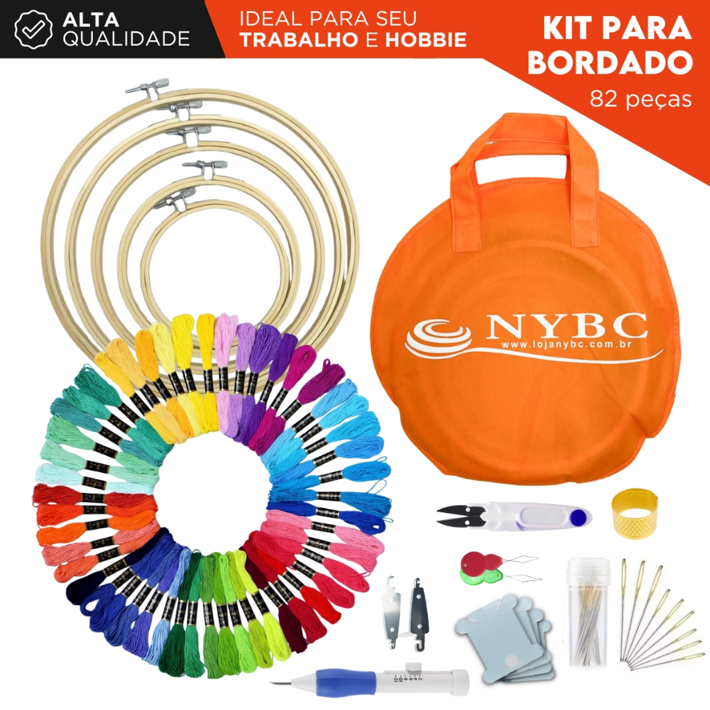 Kit Bordado Completo 82 Peças com Linhas Agulhas Bastidor Bolsa ideal Para Costura e Ponto Russo -AE