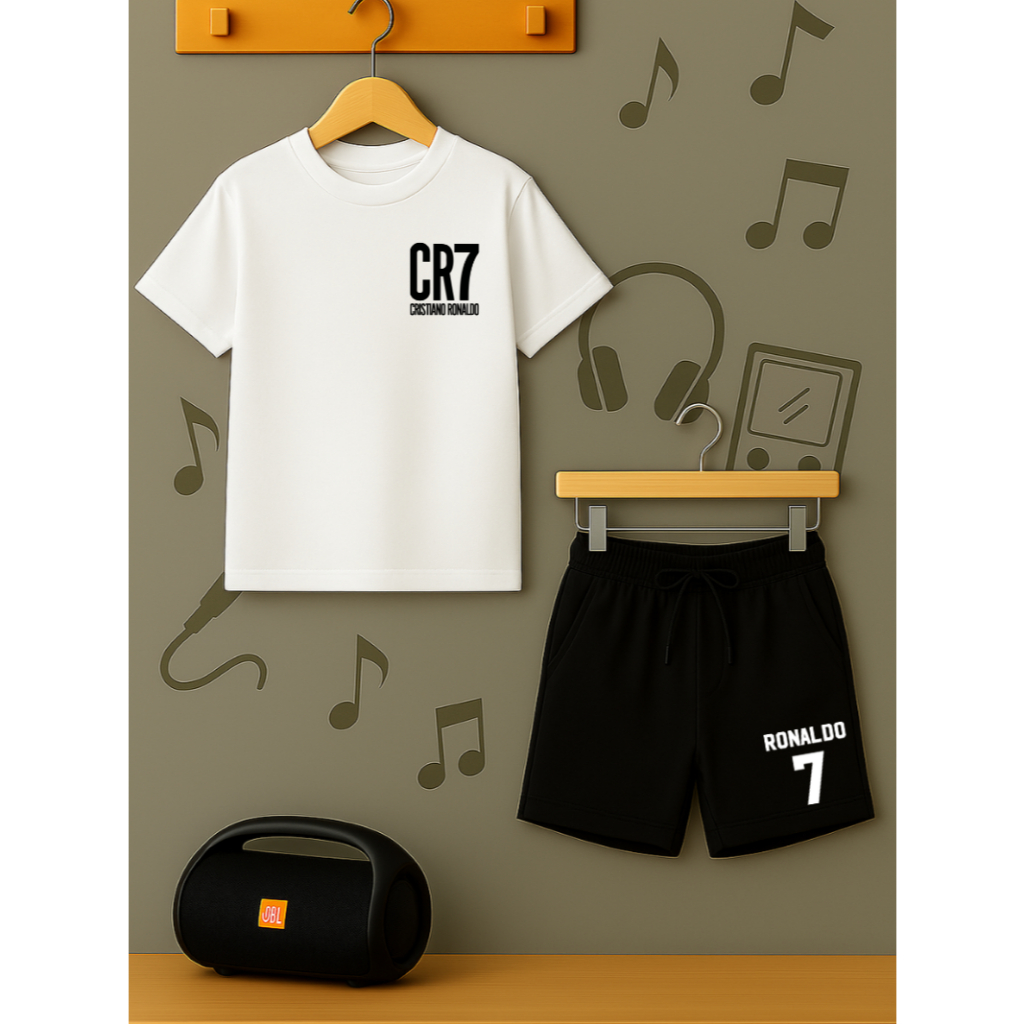 Conjunto Cristiano Ronaldo Cr7 Infantil Juvenil Camiseta e Bermuda Moletom Algodão Macio Menino Menina
