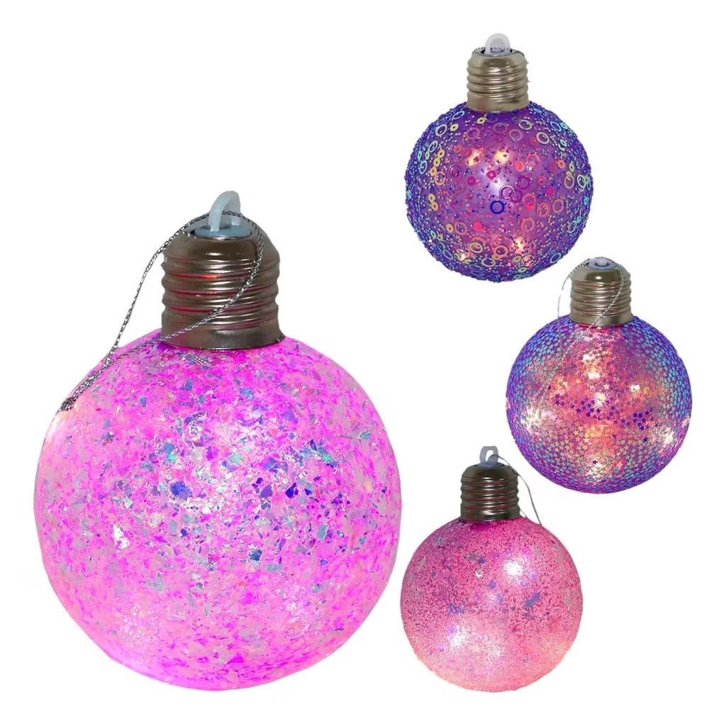 Kit 2 Bolinha Bola de Natal Enfeite Lampada Com Led e Glitter/Estrelas Roxa 11X8cm Natalina-1643