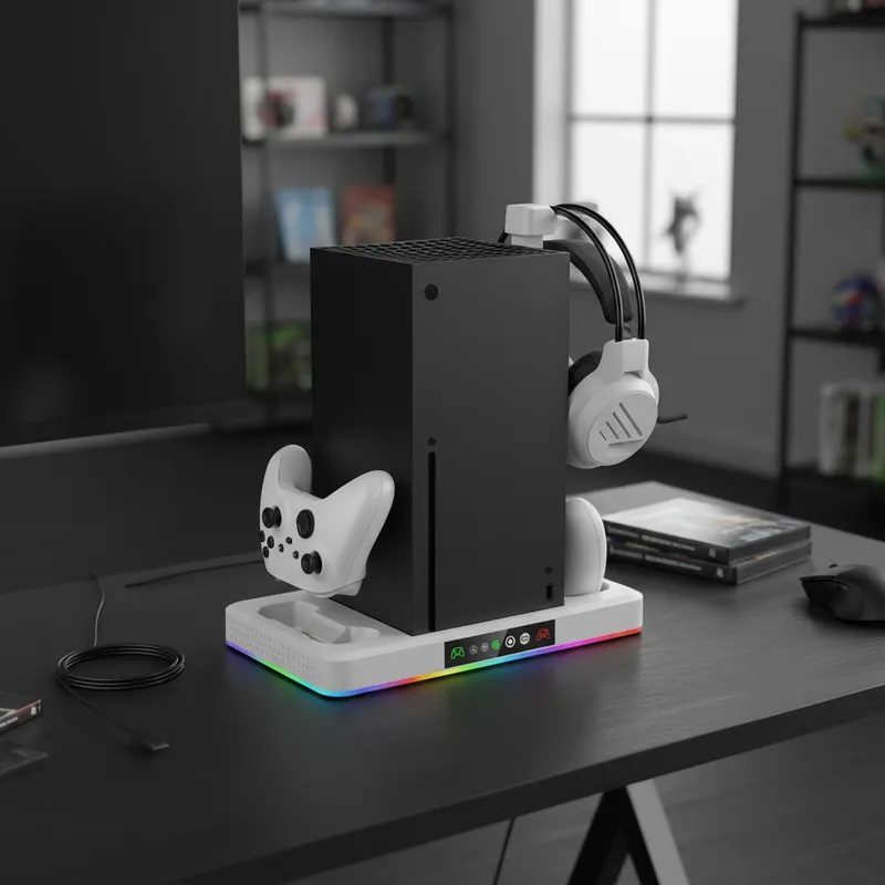 Base Suporte Fone Luz LED RGB Cooler Carregador de Controle para Xbox Series S e Series X