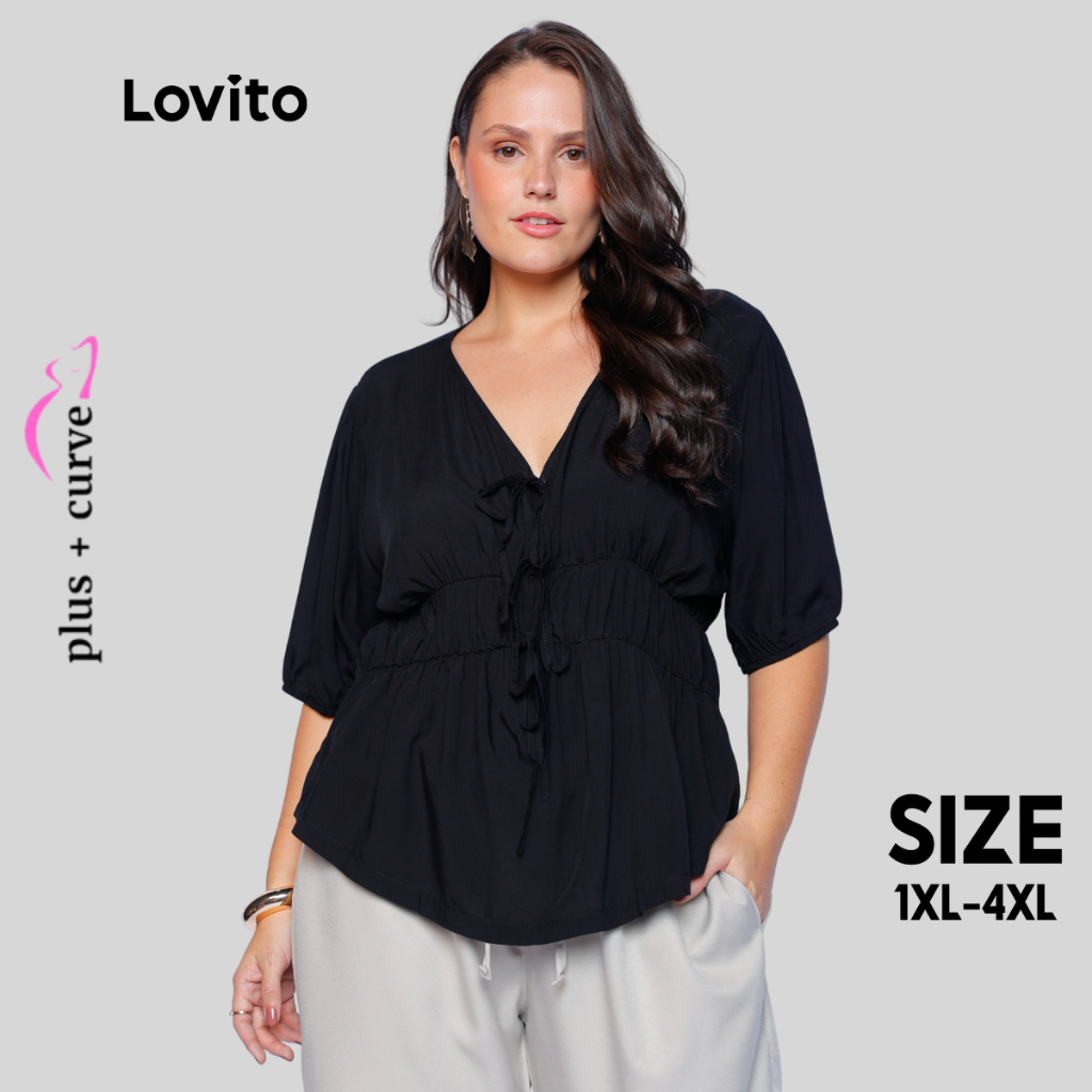 Lovito Blusa Feminina Plus Size Manga 3/4 Decote V com Amarração Nó Frontal LB269BRL298 em Oferta na Shopee