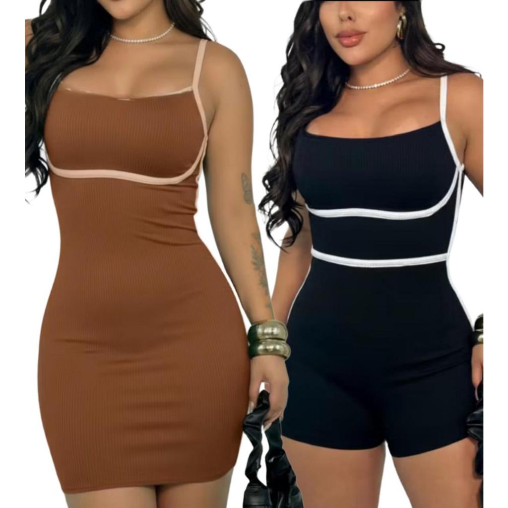 KIT Vestido + Macacão Bicolor, Canelado Anna Ruga Alças Fina Decote Reto com Bojo Colado Verão Colorido