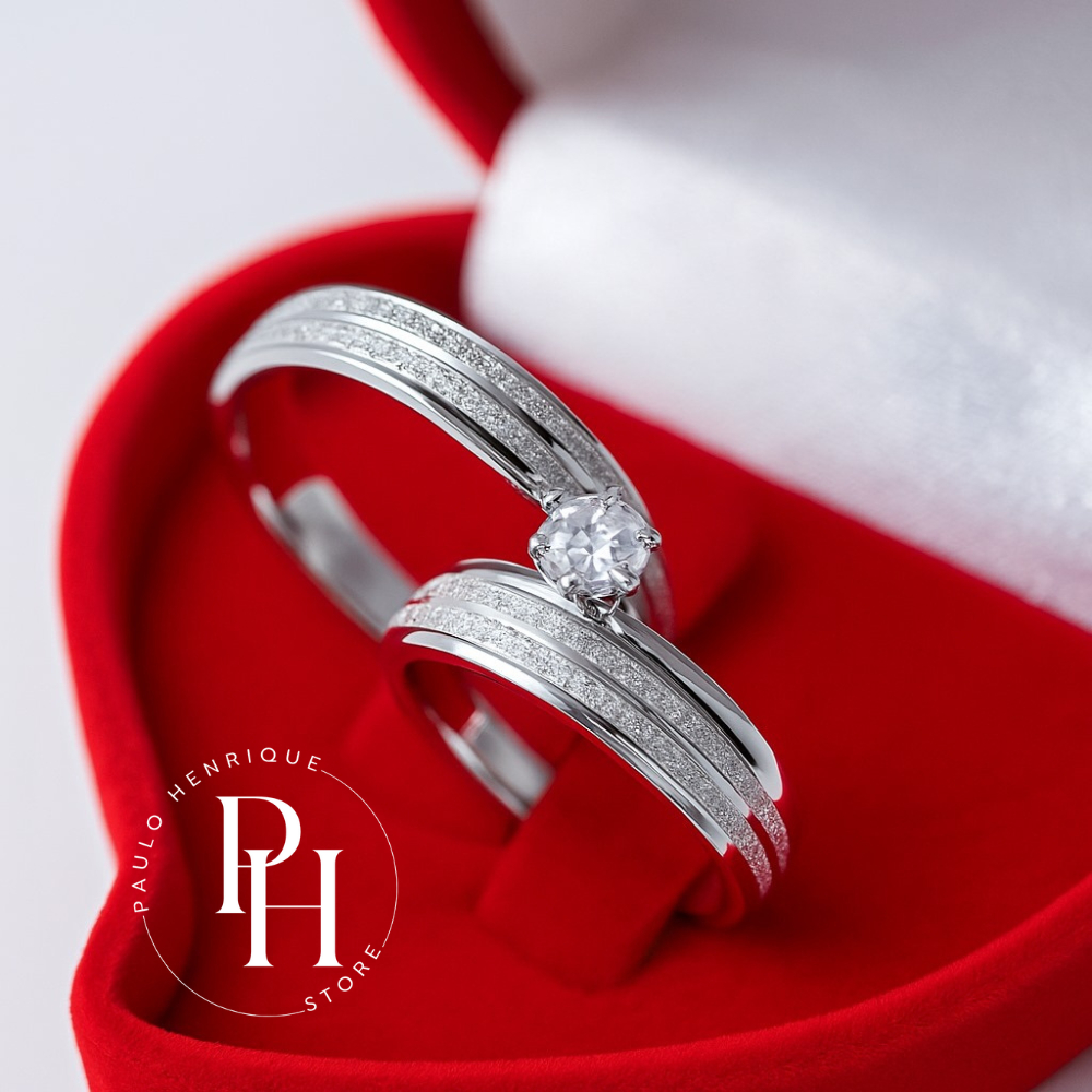 Aliança de Namoro e Compromisso com Solitário – Aço Inox Prata Diamantada + Caixa de Veludo em Oferta na Shopee