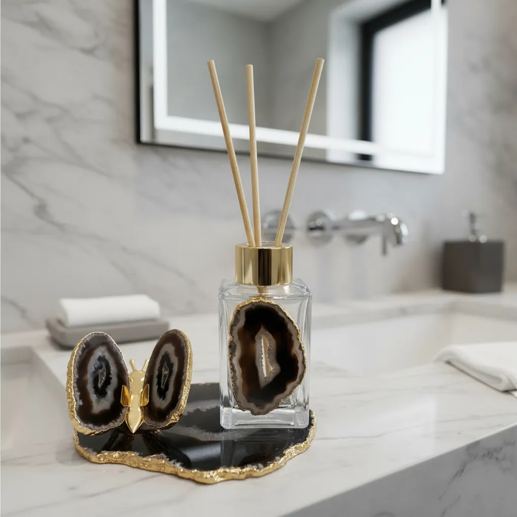 Kit Lavabo Banheiro Bandeja + difusor + borboleta Ágata Negra Com Borda Dourada