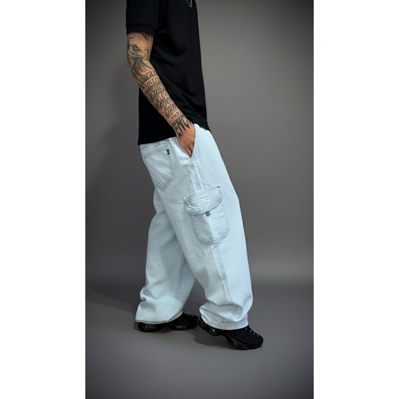 Calça Cargo Dazzling Jeans Azul-Gelo Streetwear Diferenciada
