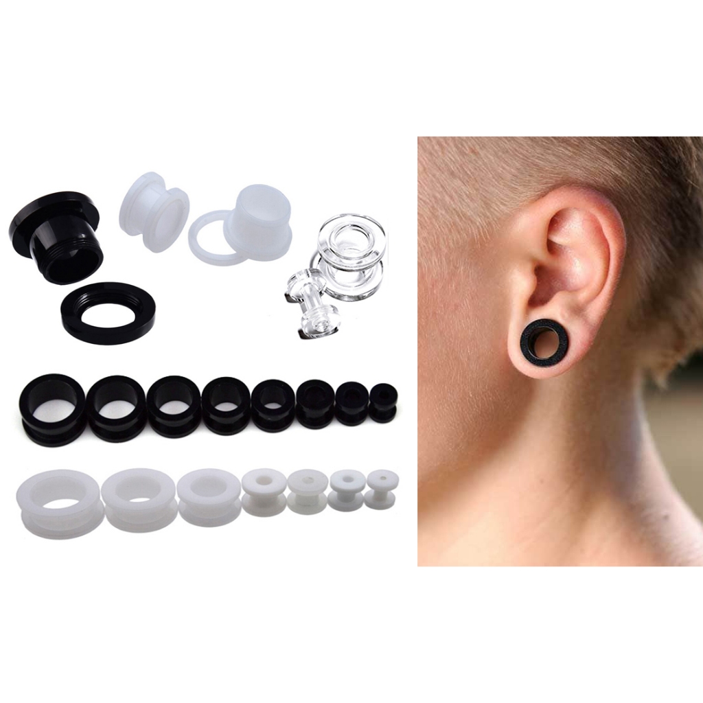 Par Alargador de orelha túnel rosca acrílico plástico Preto Branco Reggae Rastafari