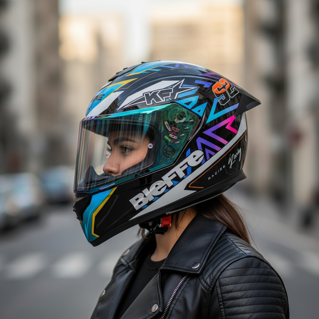 CAPACETE MOTO BIEFFE B-12 TARGET PRETO RAINBOW COM VISEIRA EXTRA CAMALEÃO