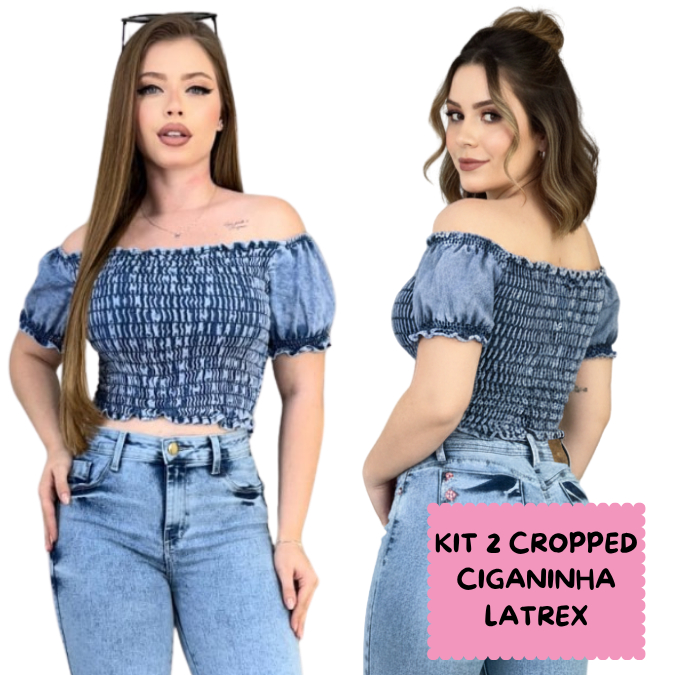 Kit 2 Blusa Cropped Ciganinha Lastex Jeans Moda Feminina Casual