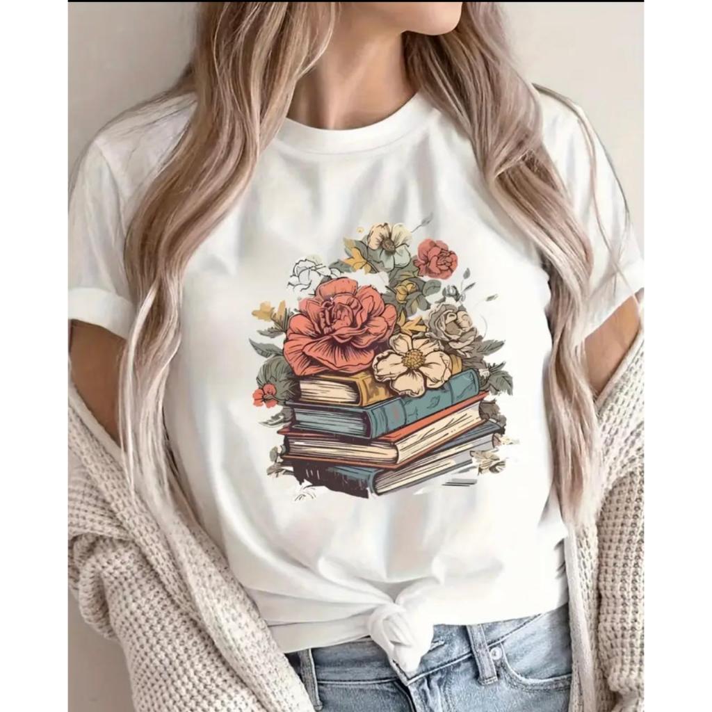 Camiseta Blusa Feminina Despojada Estilosa Estampada Livros com Flores