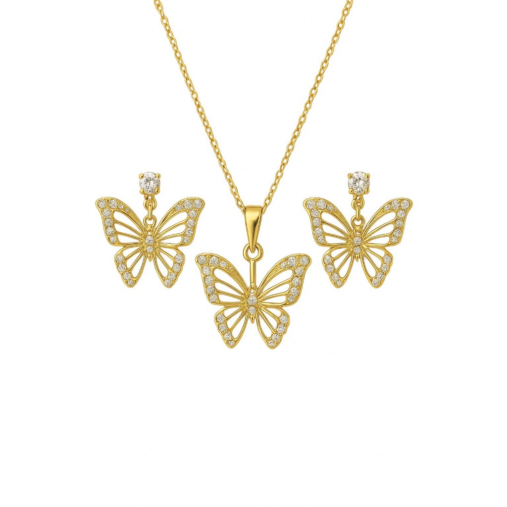 Kit Colar + Brinco Borboleta Delicada Zirconia Folheada