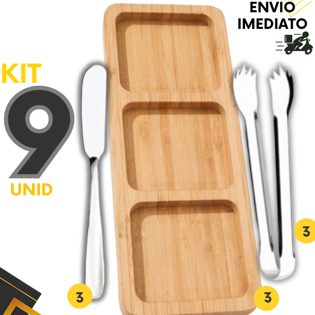 KIT 9 Petisqueira Bambu + Pegador Inox + Espátula inox Frios Queijo Salame Patê Petiscos Frutas