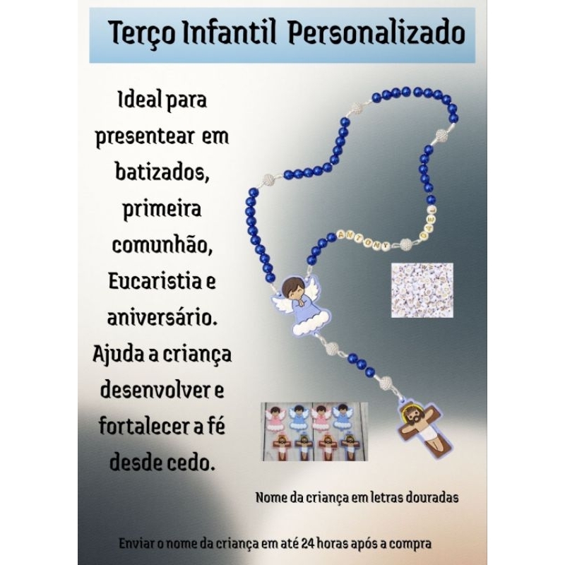 Terço infantil anjo da guarda personalizado com ate dois nomes lembrancinha batizado, eucaristia, primeira comunhão