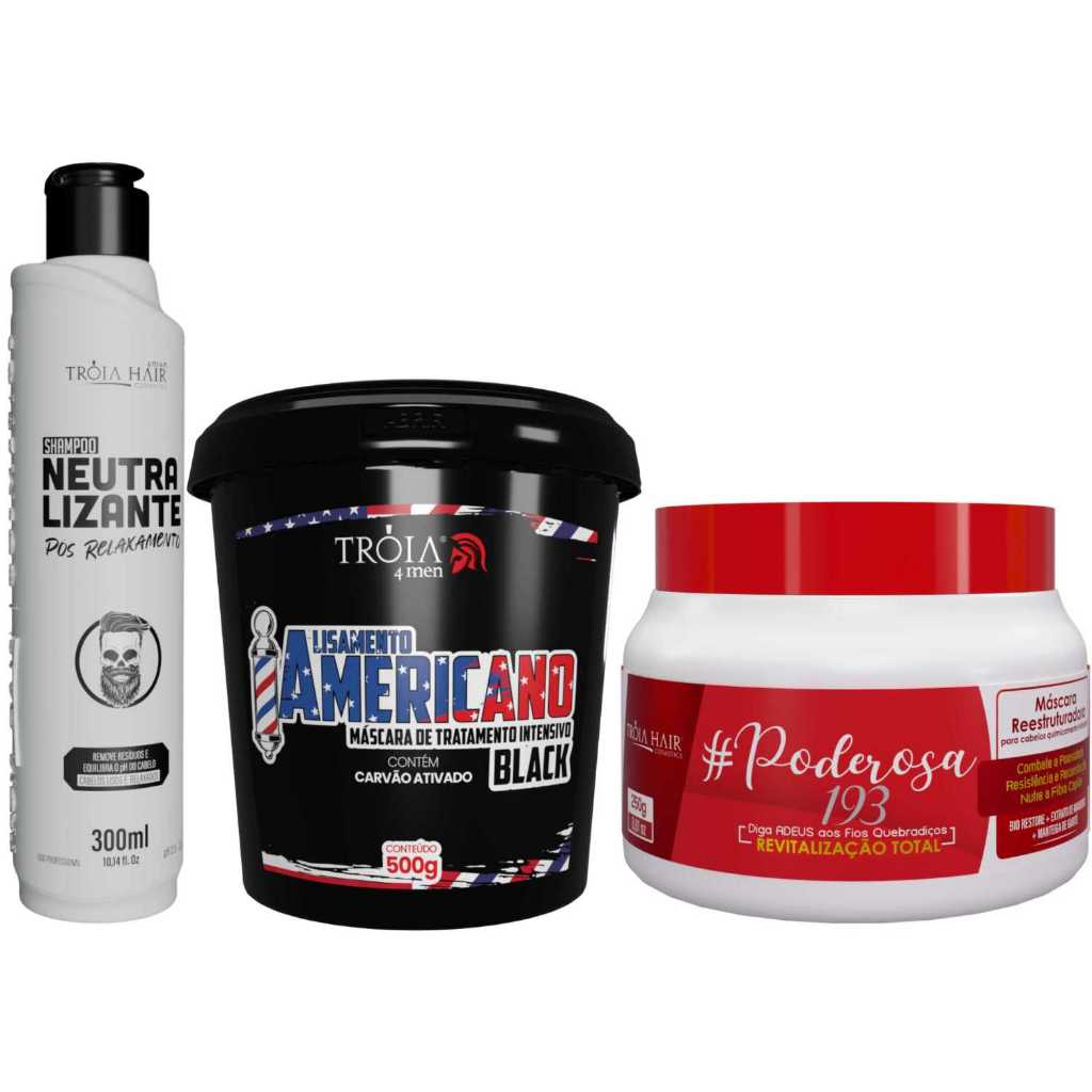 Kit Alisamento Americano Black– Tróia Hair 4Man (500g + 300ml + 250g) em Oferta na Shopee