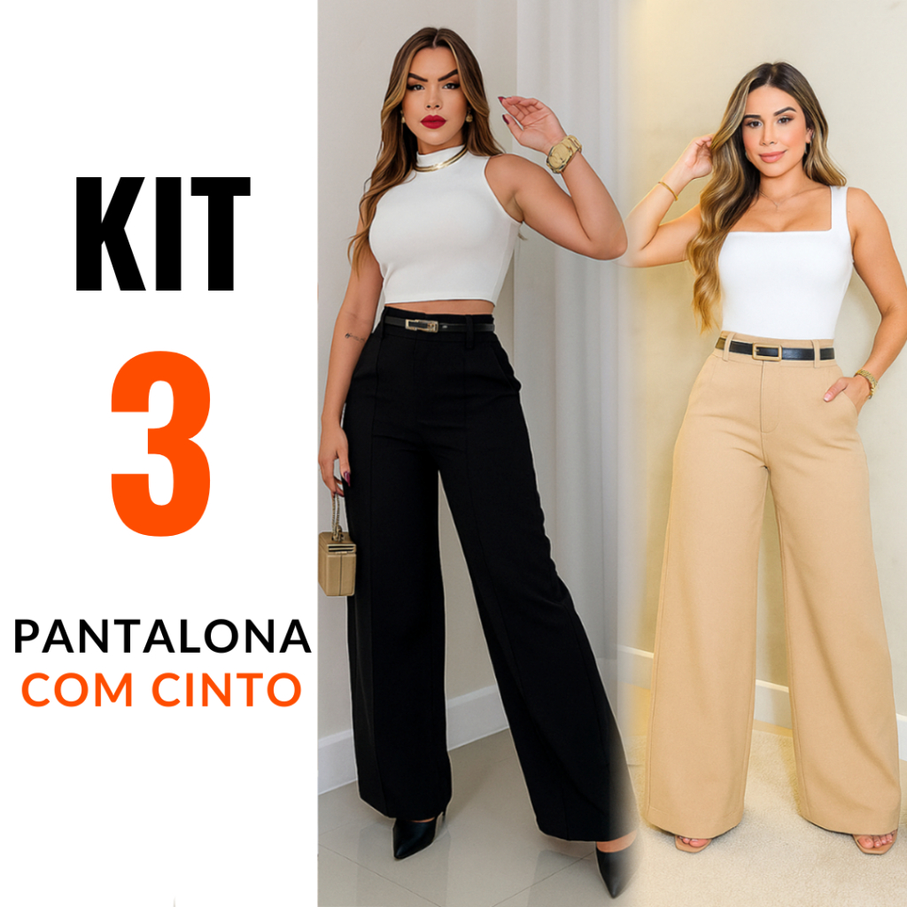 Kit 3 Calça Pantalona Com Cinto alfaiataria Feminina Cintura Alta o Zíper Lateral Flare Social Elegante com Bolsos