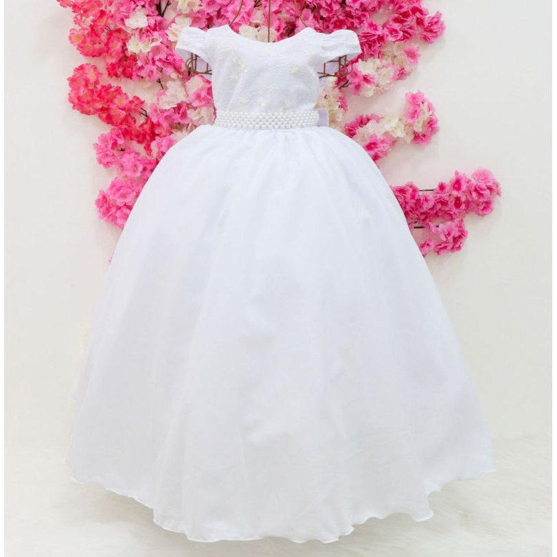 Vestido Branco Daminha Dama de Honra Casamento Menina Infantil Luxo Festa Bordado Longo Princesa