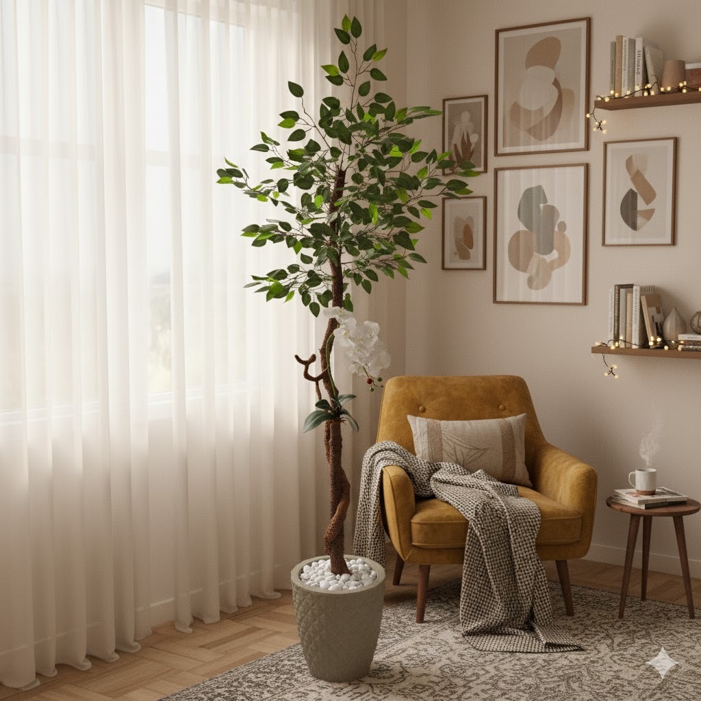 Fícus Artificial Orquídea Branca 190cm Vaso Liso Pedra