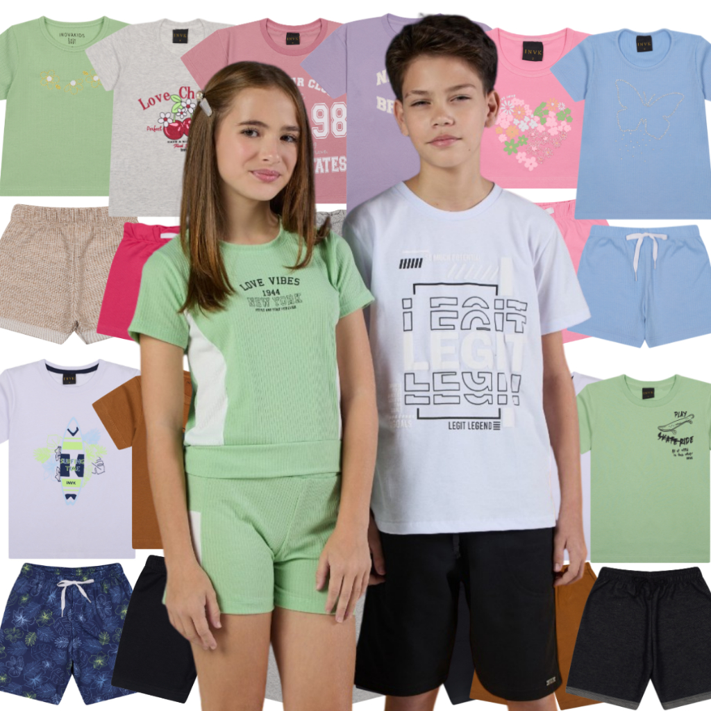 Conjunto 2 Peças Estampado Sortido Menino e Menina Infantil Juvenil Verão Tamanho 1 ao 10