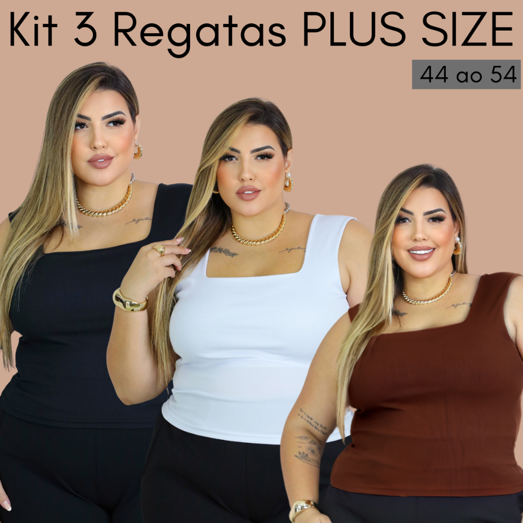 KIT 3 Blusa Regata Plus Size Social Veste 44 ao 54 Verão Chique Gola Quadrada  Plus Confy Curve em Oferta na Shopee