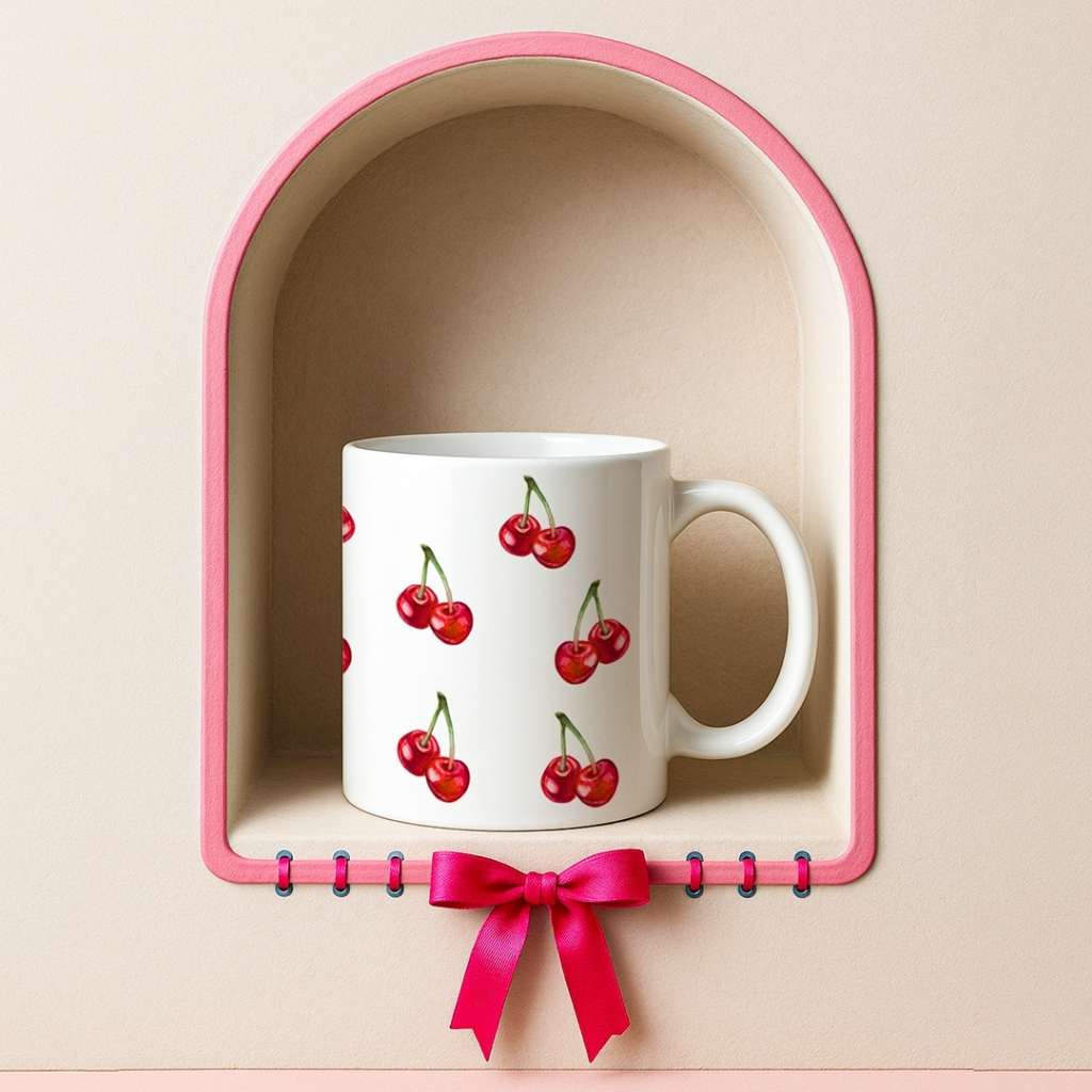 Caneca Xicara Porcelana 325ml Cerejas Casa Decoração Personalizada Presente Pinterest Enxoval em Oferta na Shopee