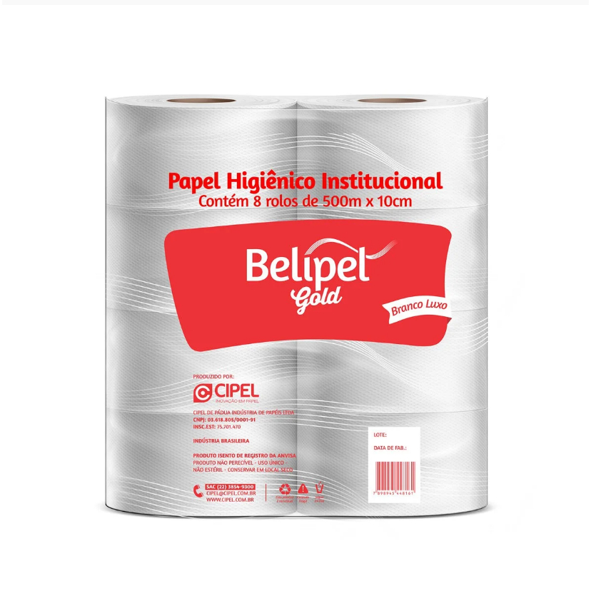 Papel Higiênico Rolão Folha Simples Branco Luxo 300Mts Fardo c/8Un - BELIPEL GOLD