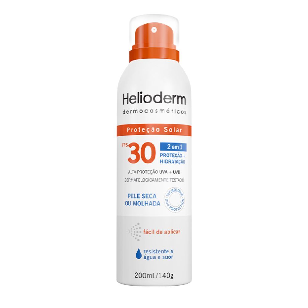 Protetor Solar Spray Helioderm Suncare FPS 30 200ml 2 em 1 Proteção + Hidratação UVA + UVB PELE SECA OU MOLHADA