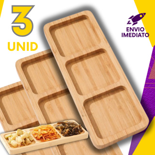 Combo 3 Petisqueira Bambu Retangular 3 Divisórias Queijo Foundue Frios Petiscos Patê Frutas Amendoim em Oferta na Shopee