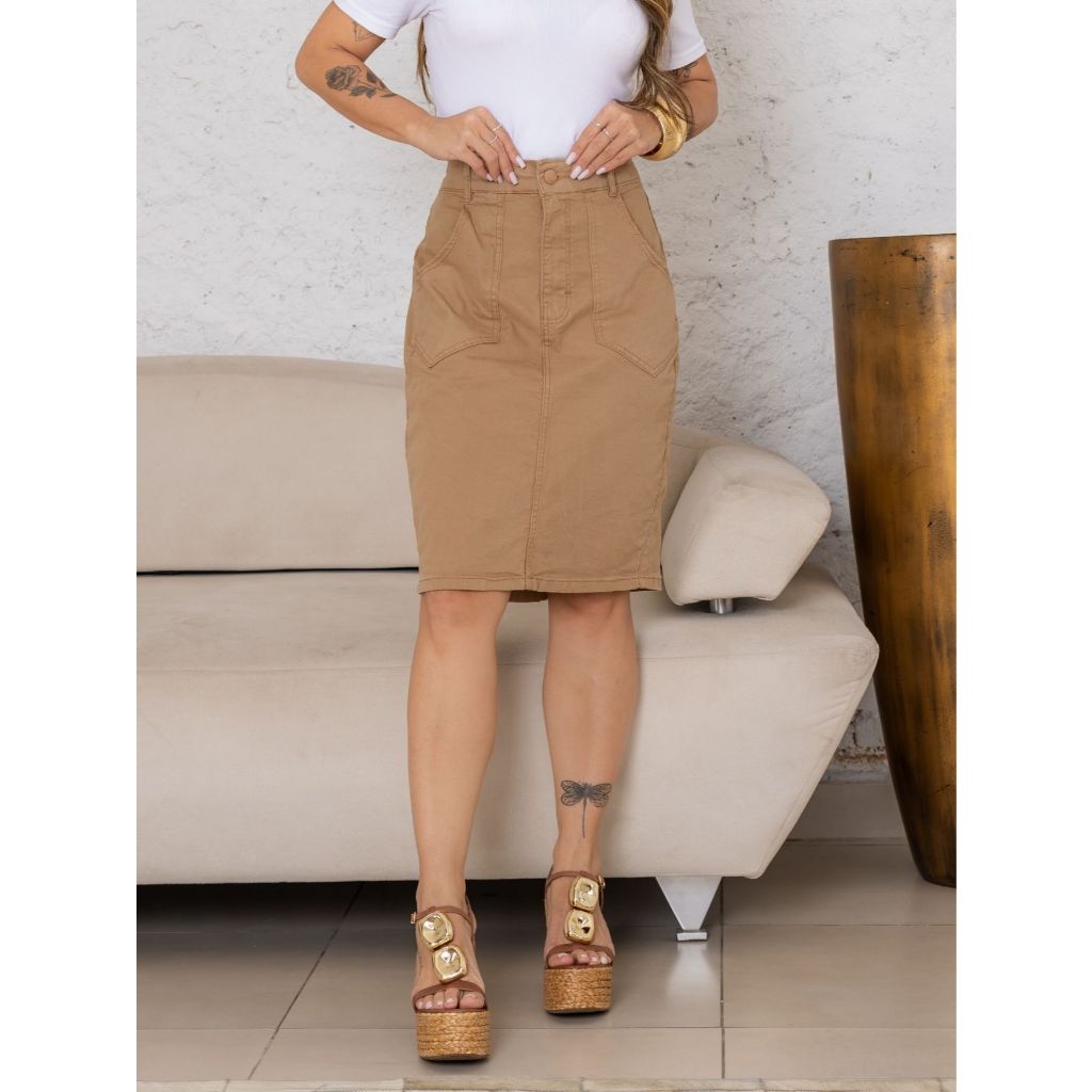 Saia Jeans Secretária No Joelho Com Lycra Modesta Culto em Oferta na Shopee
