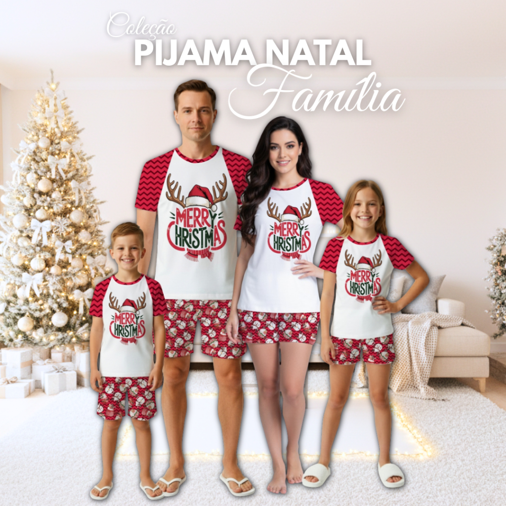 PIJAMA DE NATAL MANGA CURTA E SHORT ESTAMPA MERRY CRHISTMAS SUEDE PREMIUM por encomenda