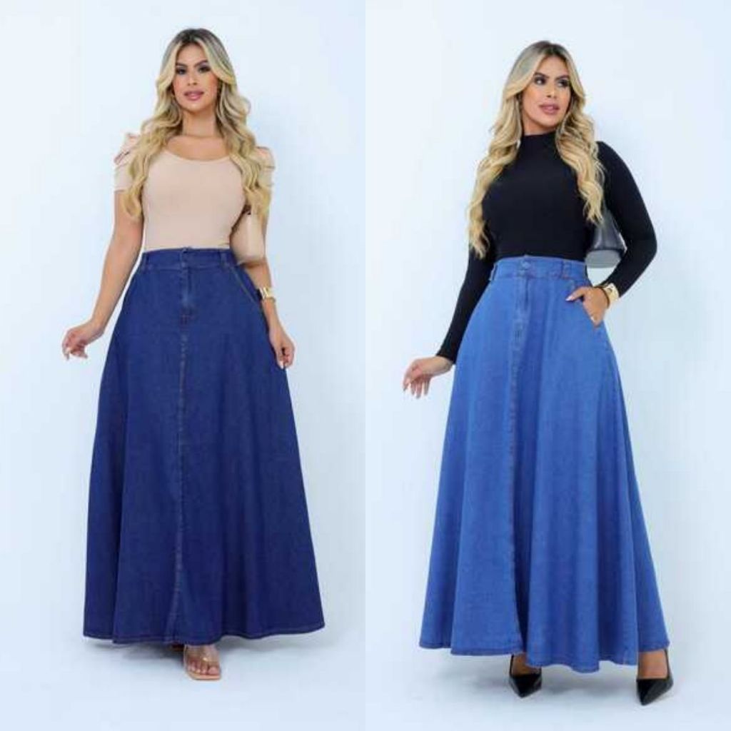 Saia Longa Jeans Feminina Cintura Alta Godê Moda Elegante Versátil Look Casual Sofisticado