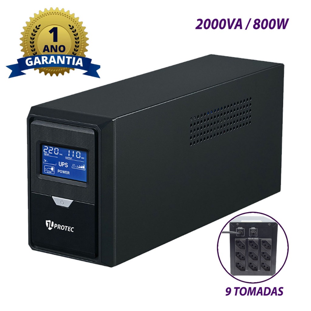 Nobreak JL PROTEC 2000VA 800W com 9 Tomadas – Escolha Voltagem: 120V, 220V ou Bivolt