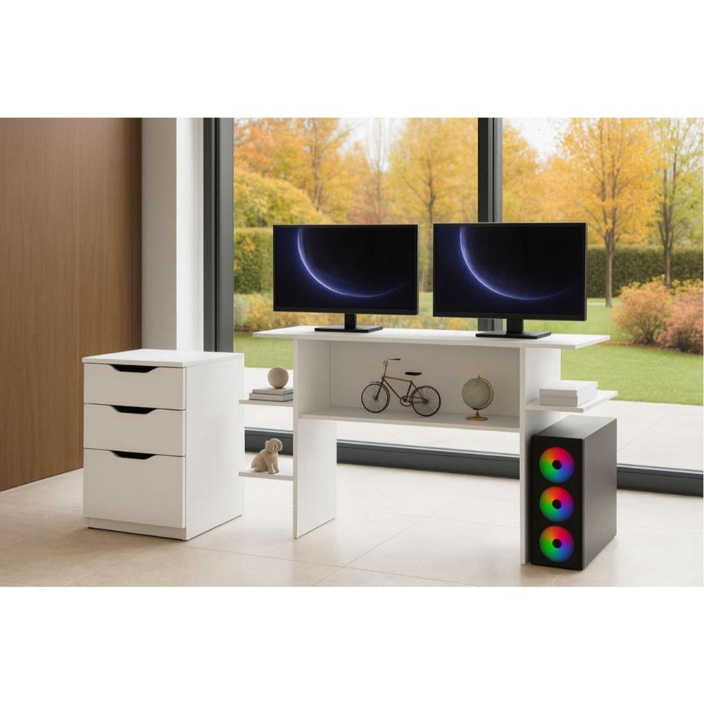 Kit Mesa Gamer  e Cômoda Multiuso Quarto/Sala Sem Rodinhas