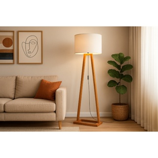 Luminária de Piso Moderna Abajur Chão Madeira Com Cúpula Tecido Off White Para Sala Escritório em Oferta na Shopee