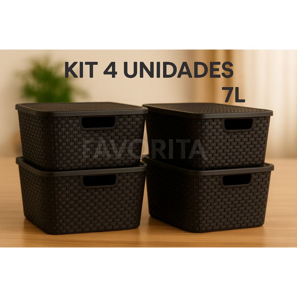 Kit Com 4 Cestos Caixas Organizadoras Rattan Com Tampa 7 Litros Preto - Toy 25588