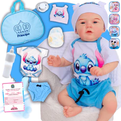 Bebê Reborn Boneco Menino Realista Stitch Original Corpinho Em Silicone Com Bolsa Maternidade