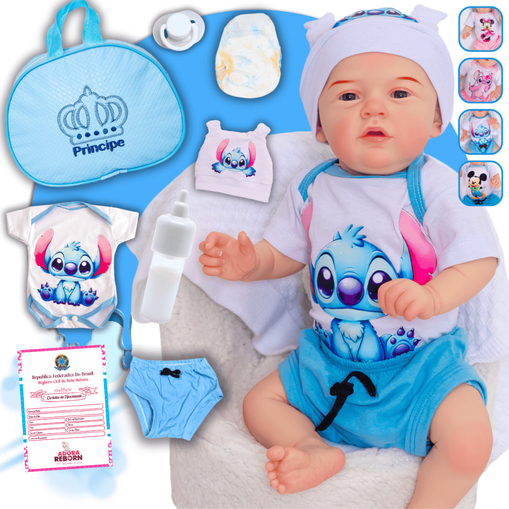 Bebê Reborn Boneco Menino Realista Stitch Original 100% Silicone Com Bolsa Maternidade
