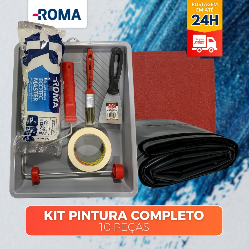 KIT PINTURA 9 ITENS: BANDEJA, 3 LIXAS , FITA CREPE, TRINCHA, ROLO, CABO, ESPATUL
