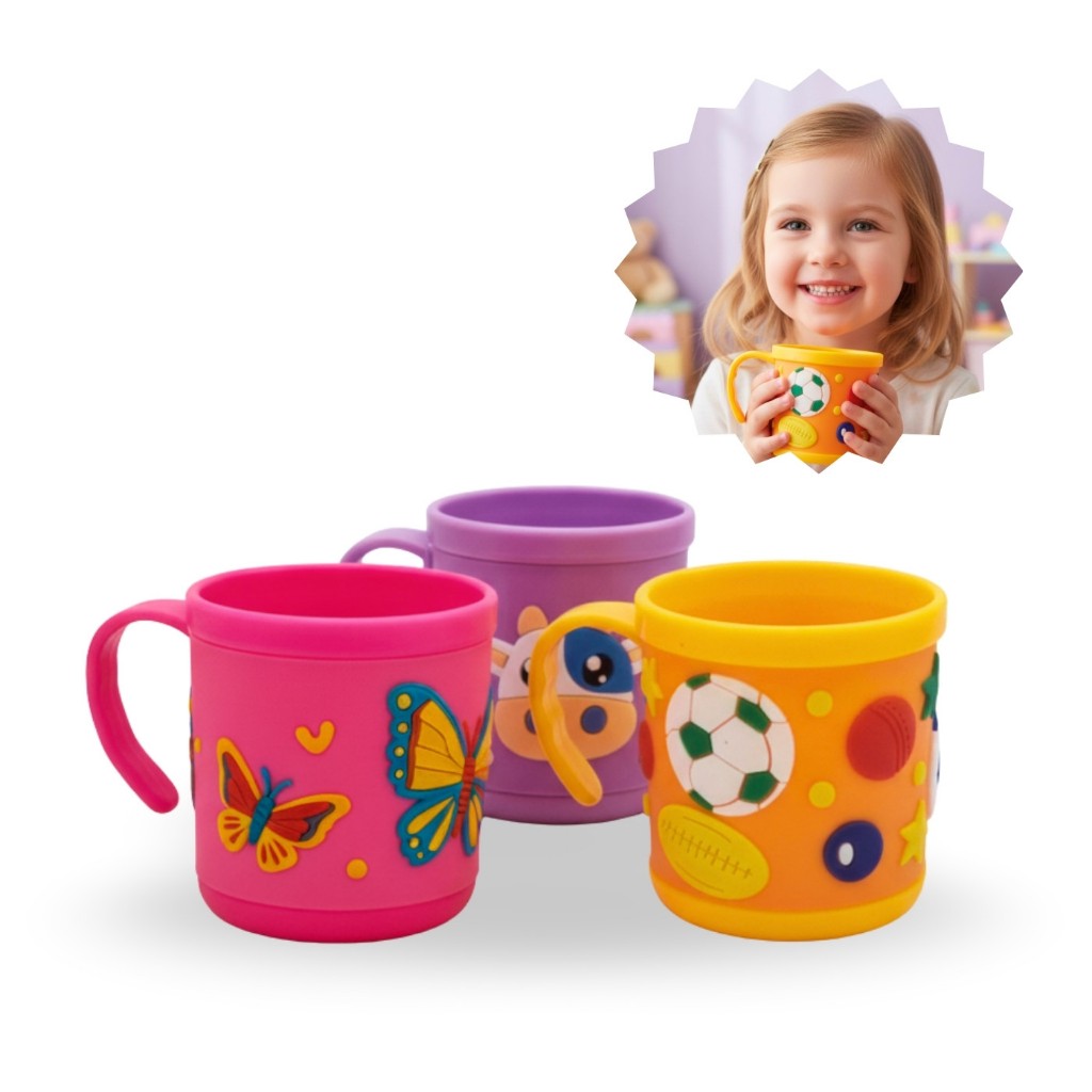 Kit 3, 6 ou 10un Copo de Plástico c/ Alça Infantil meninas 200ml, 3 cores, resistente, colorido