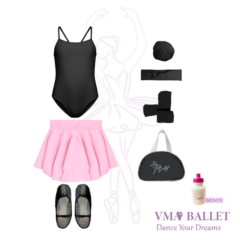 Uniforme Completo Clássico de Balé Com Bolsa Preta e Collant Alça Cruzada