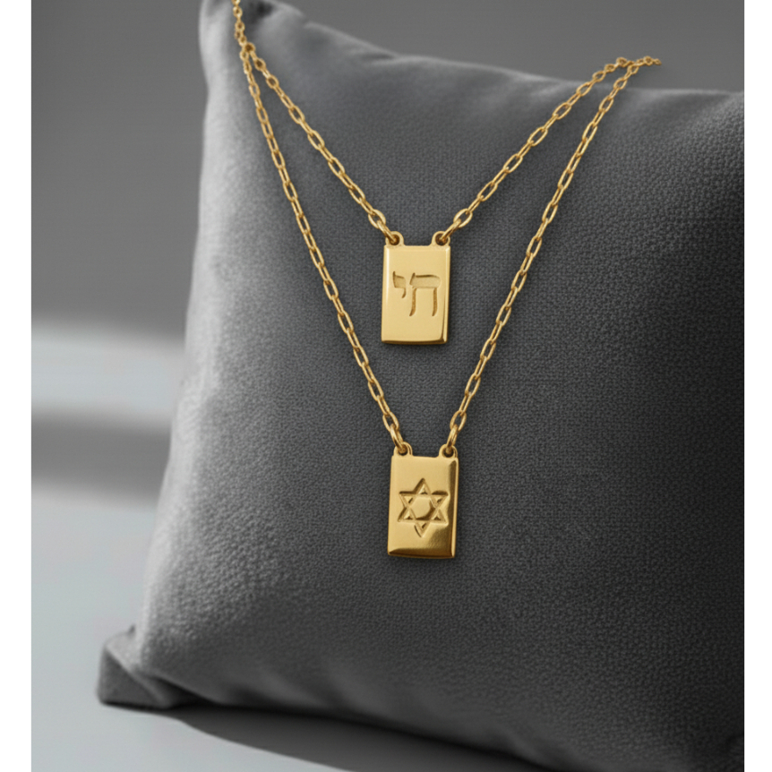 Escapulário Estrela de Davi e Chai Folheado a Ouro18k ou Prata925