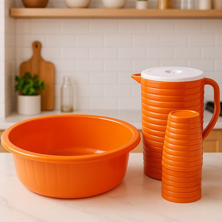 Bacia de plástico 5Litros + 1 Jarra 2 Litros e com 4 copos 350ml para Utilidade do lar.