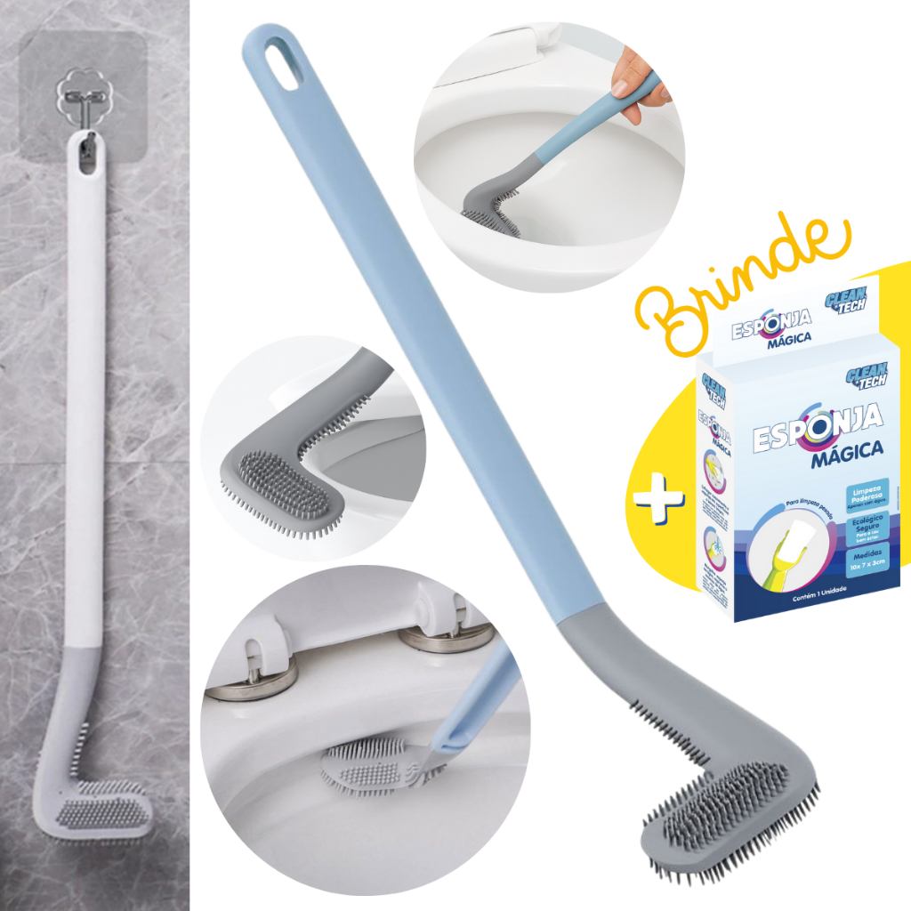 Escova Sanitária Limpeza Vaso Sanitário Banheiro Silicone Suporte Pendurar + Esponja Mágica BRINDE