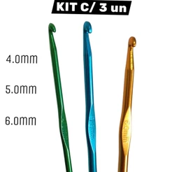 KIT 3 AGULHAS CROCHÊ ALUMÍNIO 4,0mm/5,0mm/6,0mm+3 marcador cadeado