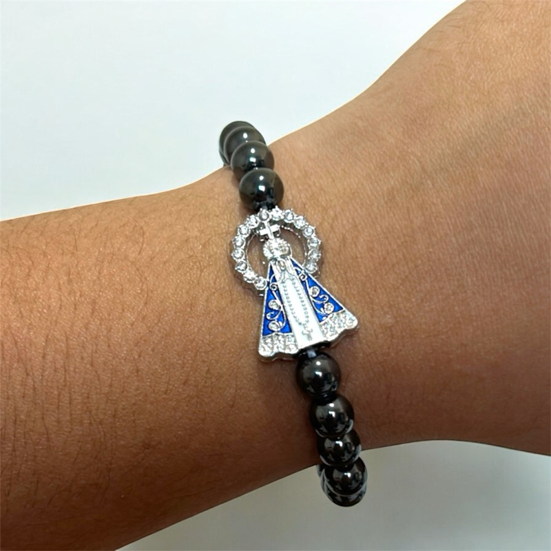 Pulseira de Elastico Hematita Nossa Senhora Aparecida A Padroeira Religioso Para Presente