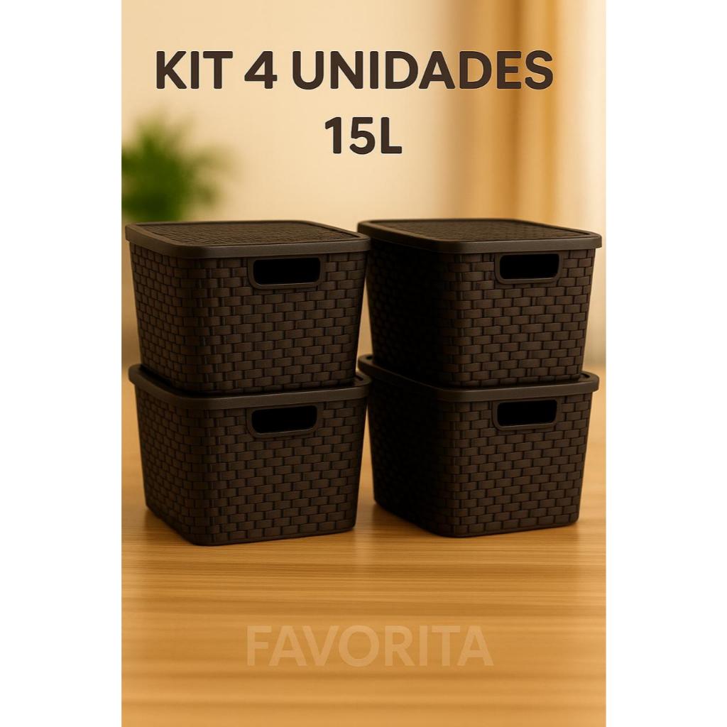 Kit Com 4 Cesto Caixa Organizadora Rattan Com Tampa 15 Litros Preto - TOY  25593
