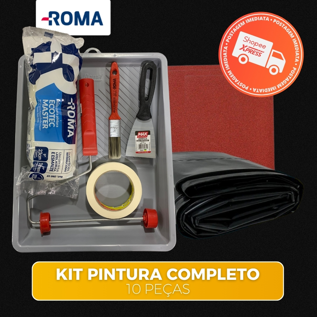 PEÇAS PARA PINTURA KIT 9 ITENS: BANDEJA, 3 LIXAS , FITA CREPE, TRINCHA, ROLO, CABO, ESPATULA, LONA PLASTICA