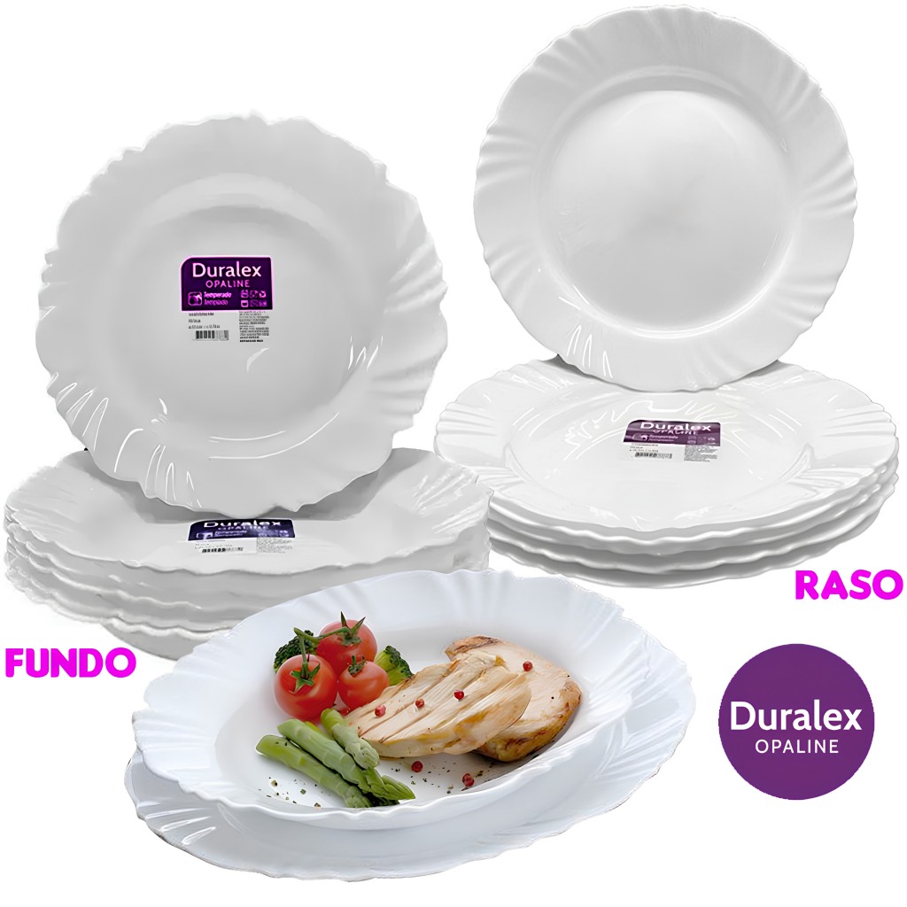 Jogo 12 Pratos Pétala Duralex Vidro Resistente Opaline 6 Fundo 6 Prato Raso Casa Jantar Natal