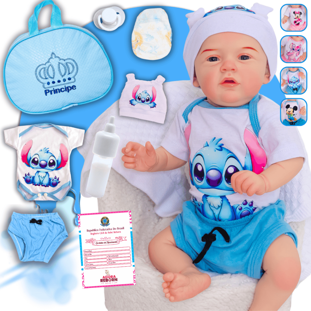 Bebê Reborn Boneco Menino Realista Stitch Original Corpinho em Silicone Com Bolsa Maternidade